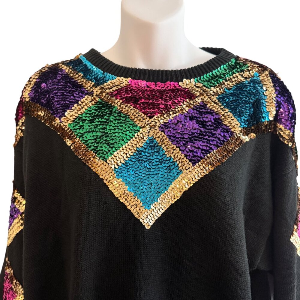 Vintage RAVE Black Harlequin Sequin Sweater | Size L - Picture 7 of 10